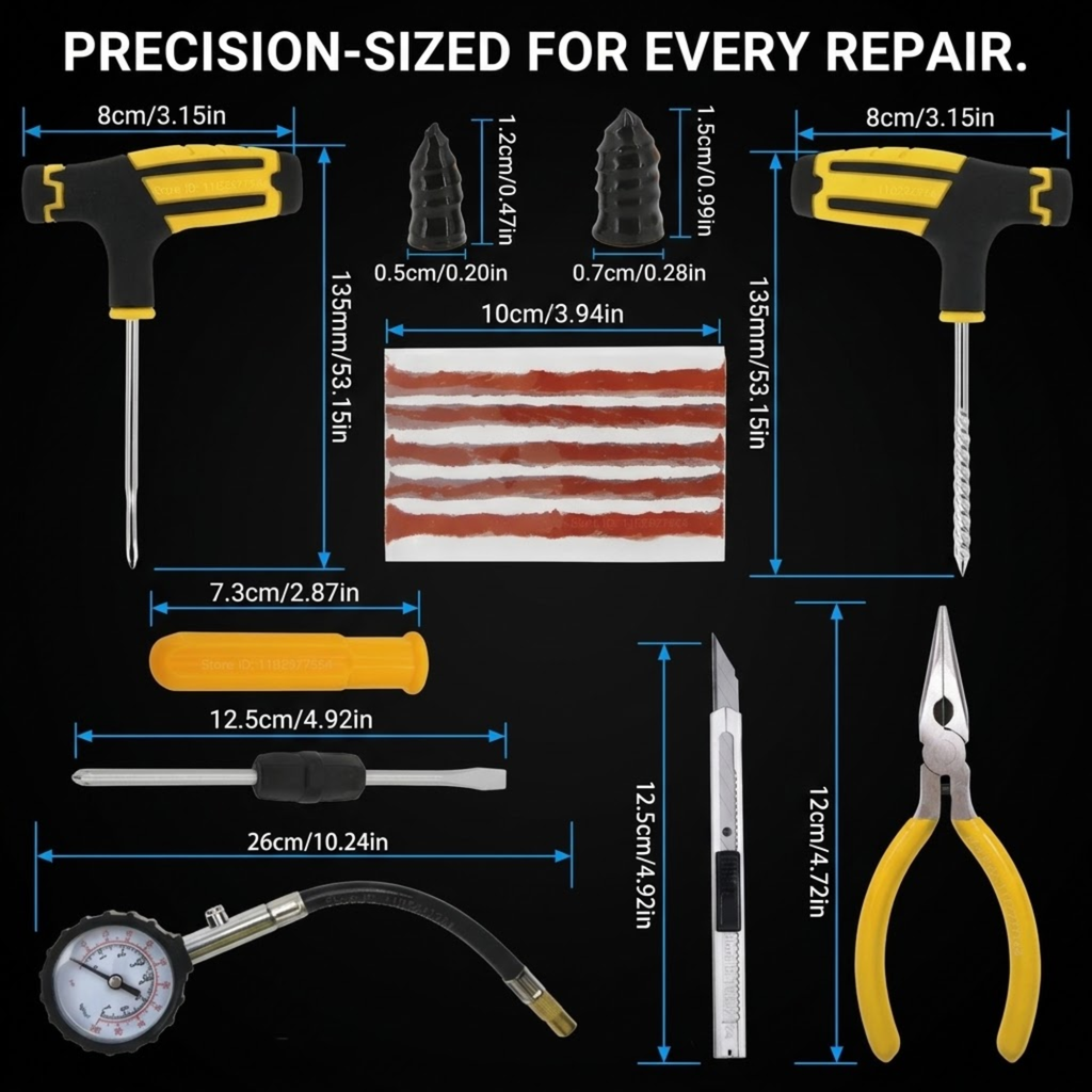 A set of precision repair tools arranged on a black background with blue dimension lines and text labels showing measurements in centimeters and inches. The tools include two T-handle screwdrivers, three pointed prong tools, a small flathead screwdriver, a yellow-handled tool, a utility knife, a pliers tool, and a gauge with a hose.