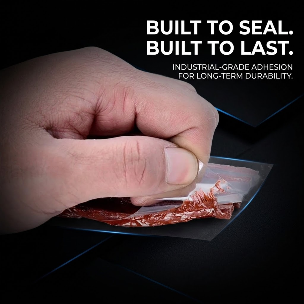 A close-up of a hand pressing down on a transparent adhesive strip over a piece of raw meat, with bold white text on a black background reading 'BUILT TO SEAL. BUILT TO LAST.