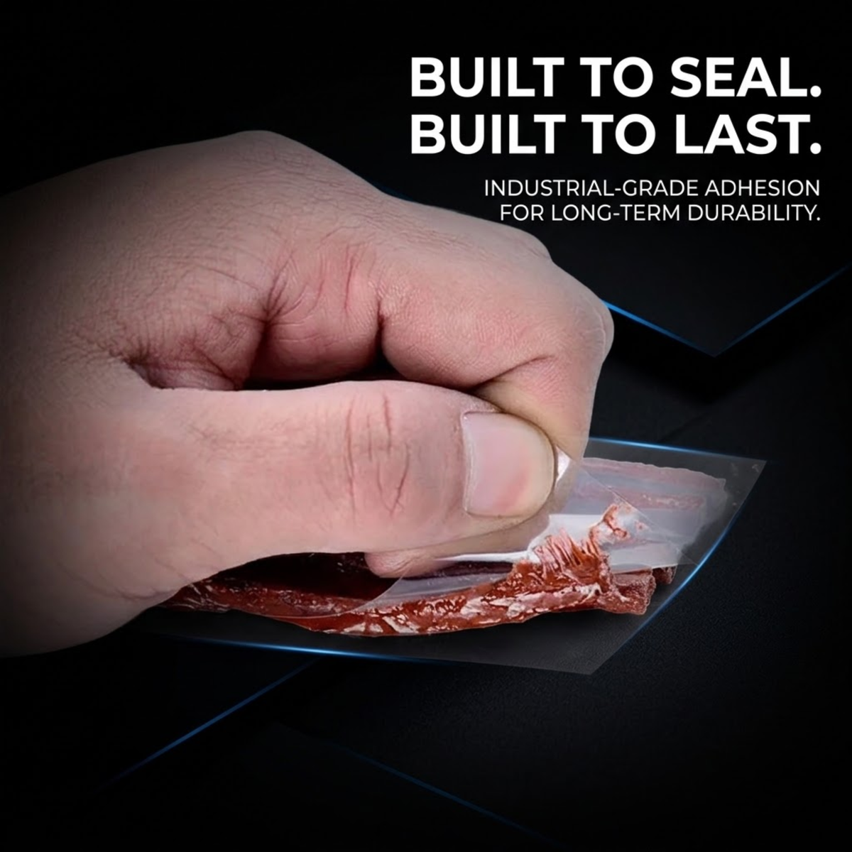 A close-up of a hand pressing down on a transparent adhesive strip over a piece of raw meat, with bold white text on a black background reading 'BUILT TO SEAL. BUILT TO LAST.