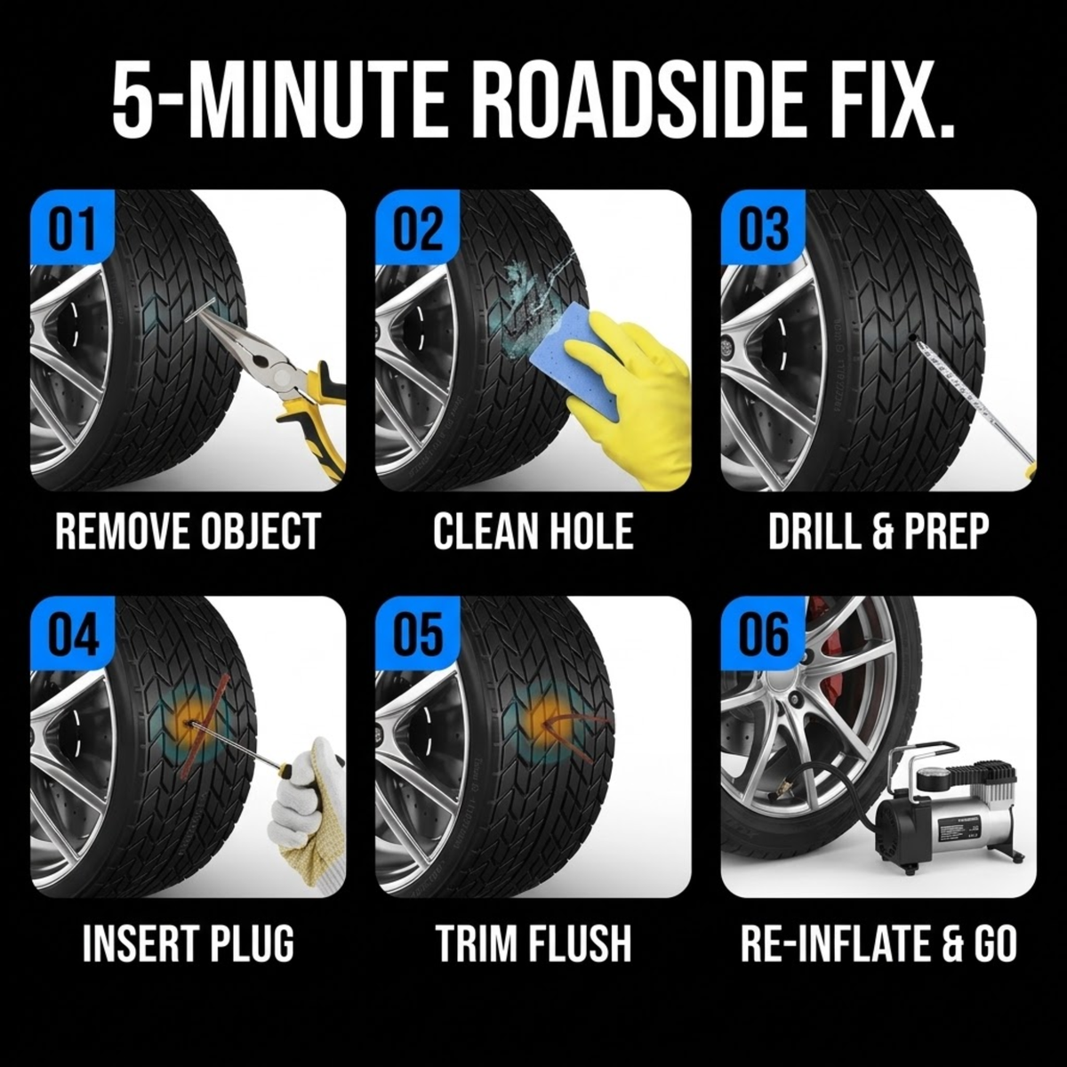 A six-step infographic titled '5-MINUTE ROADSIDE FIX' showing how to repair a tire puncture. The steps include removing an object, cleaning the hole, drilling and prep, inserting a plug, trimming the flush area, and re-inflating the tire.