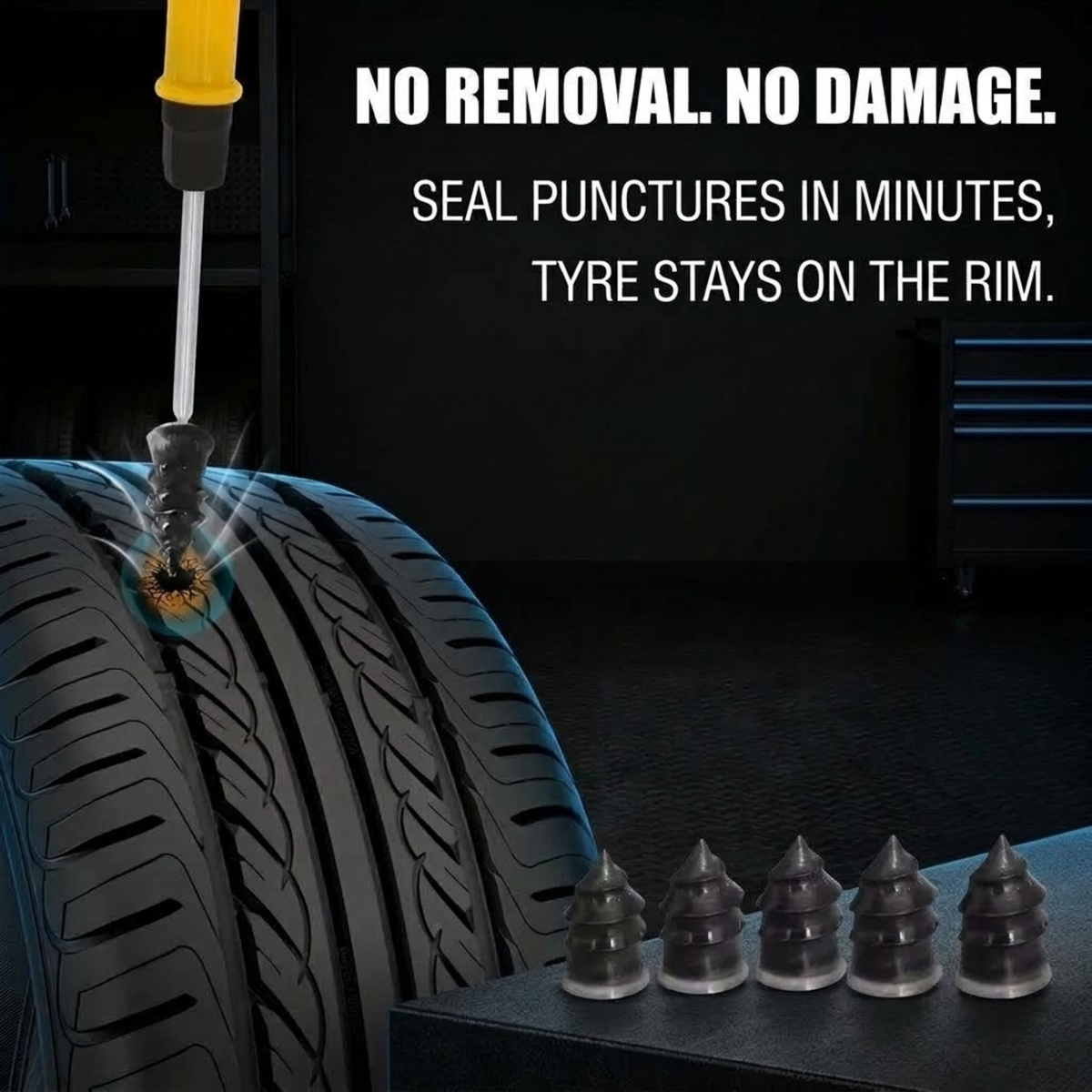Close-up of a rubber repair plug being inserted into a punctured tyre tread with spare plugs lined up beside the wheel