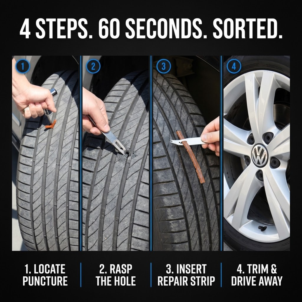 Instructional graphic showing four steps for tire puncture repair: locate the puncture, rasp the hole, insert a repair strip, and trim the tire while driving away. The top text reads '4 STEPS.