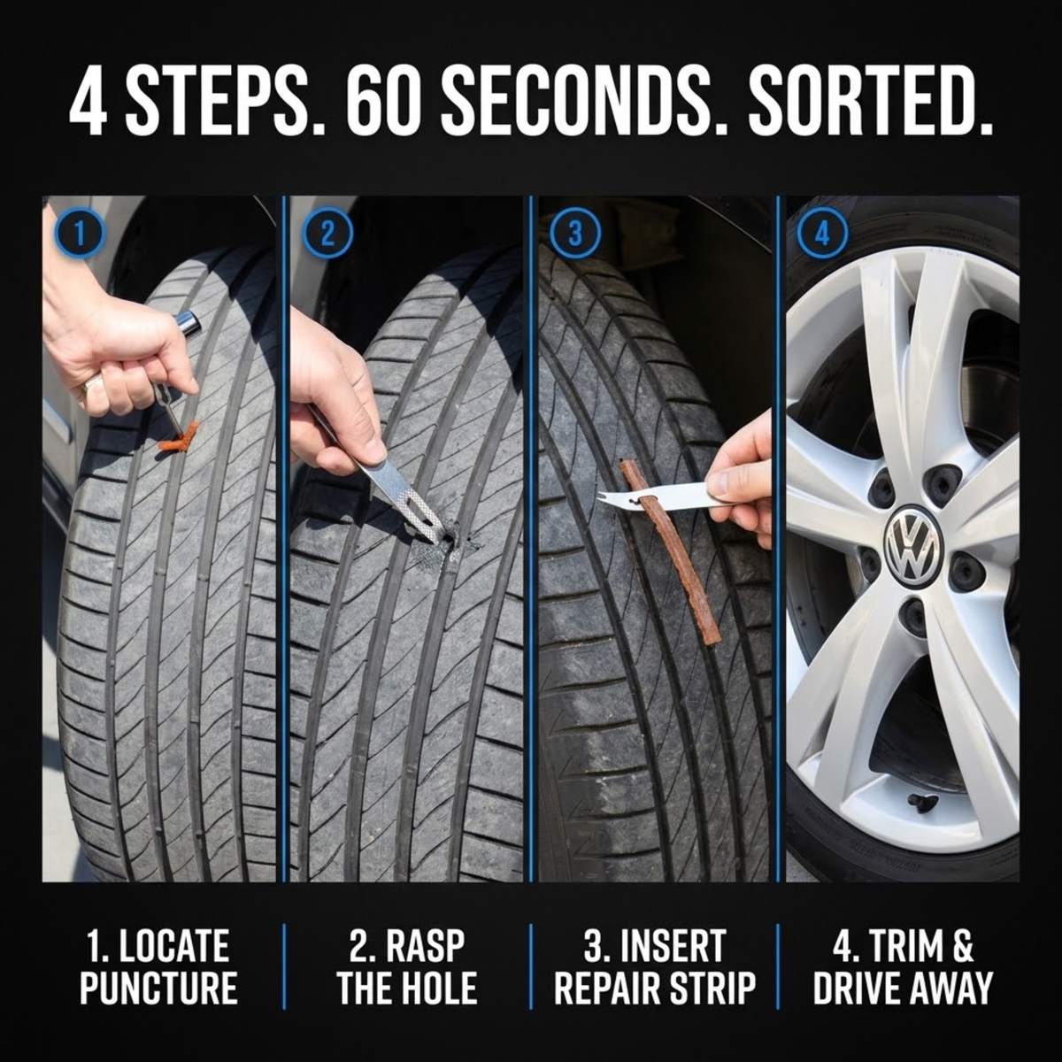 Instructional graphic showing four steps for tire puncture repair: locate the puncture, rasp the hole, insert a repair strip, and trim the tire while driving away. The top text reads '4 STEPS.