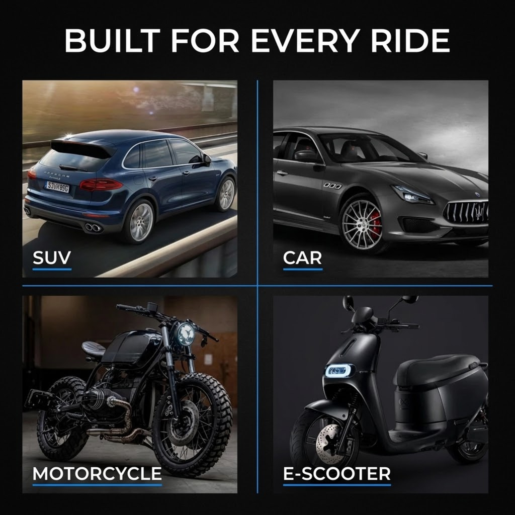 A promotional graphic with the headline 'BUILT FOR EVERY RIDE' above a four-quadrant comparison showing the product compatibility: an SUV, a car, a motorcycle, and an e-scooter. The layout is clean and balanced on a dark background.