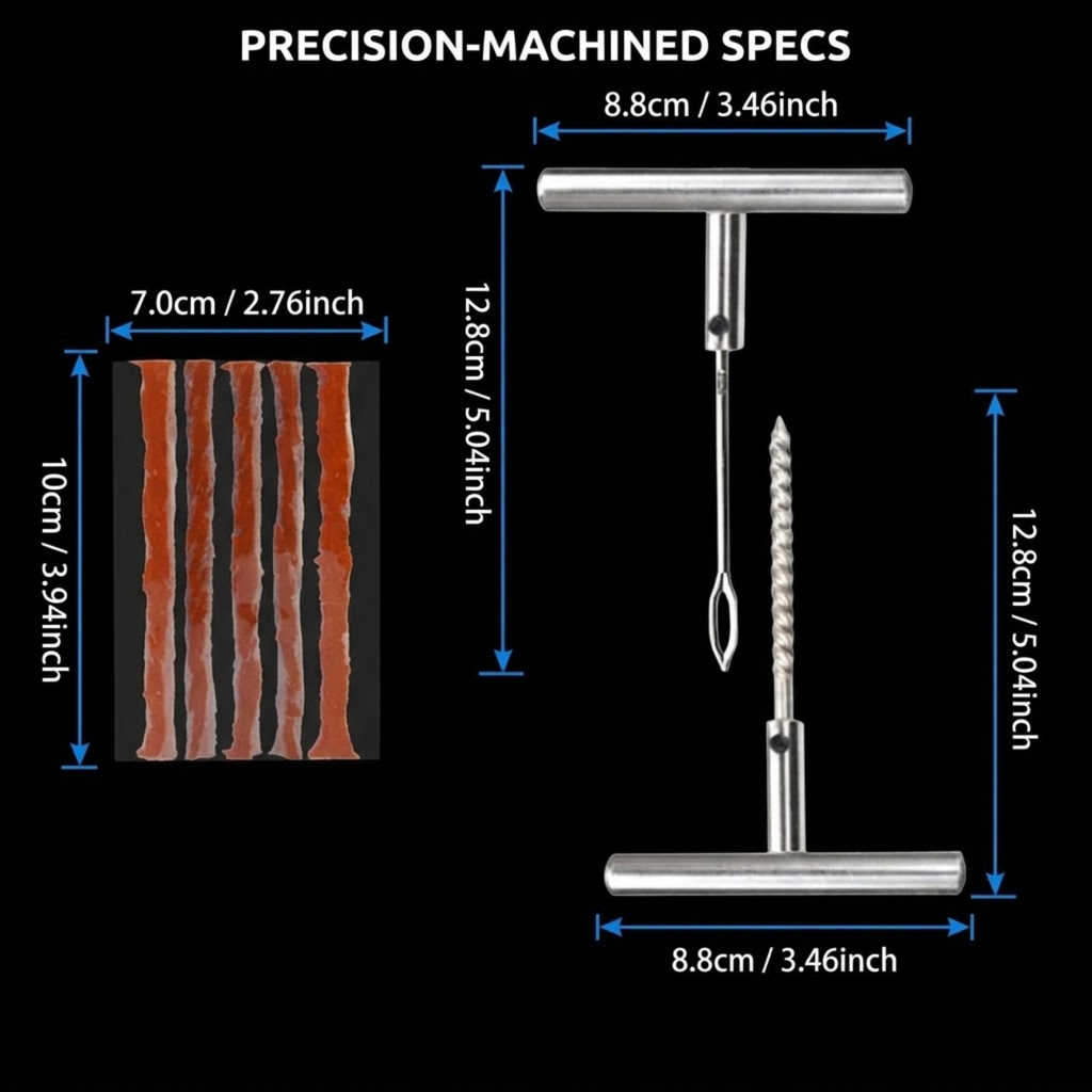 Technical dimension diagram of a precision machined metal tool set on a black background, with labeled measurements in inches and centimeters, plus a small inset showing metallic strips. Text at the top reads 'PRECISION-MACHINED SPECS'.