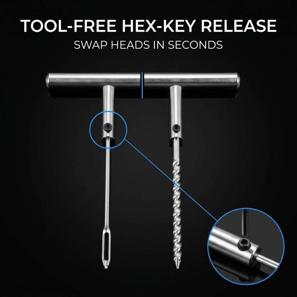 A metal hex key release tool shown on a black background with marketing text reading 'TOOL-FREE HEX-KYE RELEASE' and 'SWAP HEADS IN SECONDS.' The image includes callout circles and an inset close-up explaining the release mechanism.