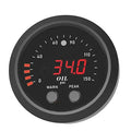 Digital Oil Pressure Gauge face showing a red 34.0 psi reading on a 0 to 150 psi scale with WARN and PEAK buttons