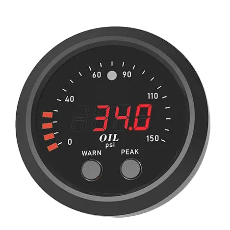Digital Oil Pressure Gauge face showing a red 34.0 psi reading on a 0 to 150 psi scale with WARN and PEAK buttons
