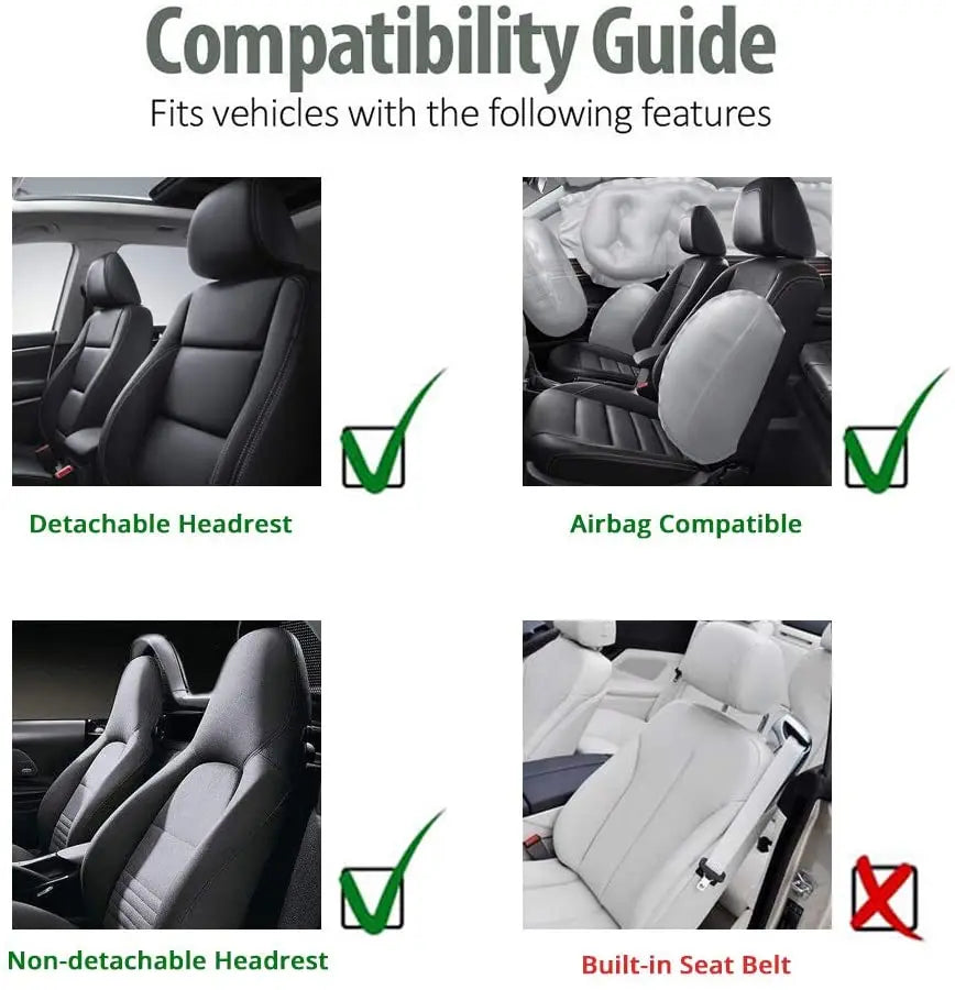 Compatibility guide for Leather-Style Seat Covers showing detachable headrest, airbag compatibility and seat belt fit