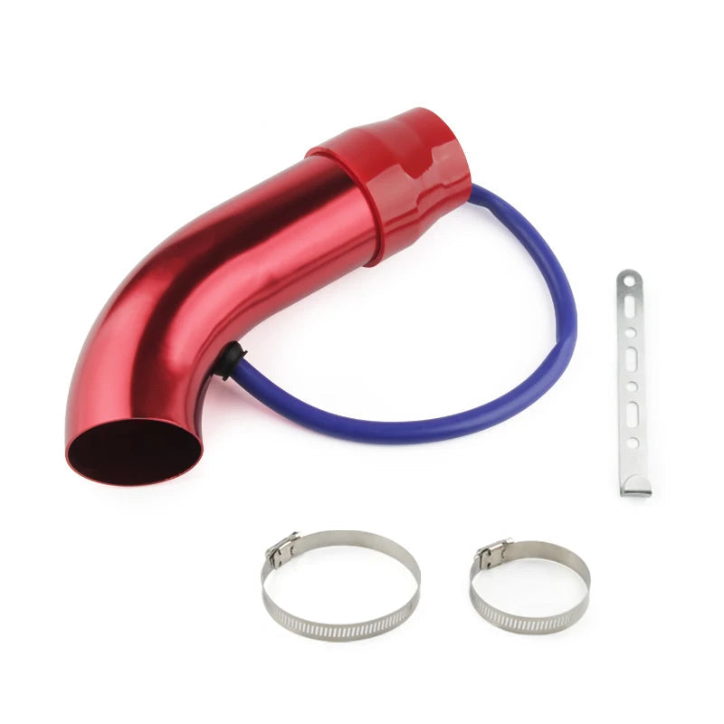 Red cold air intake pipe with blue silicone breather hose, mounting bracket and stainless steel hose clamps