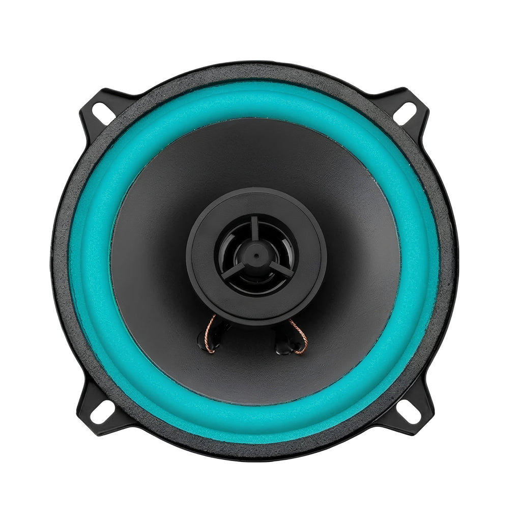 HiFi coaxial car speaker with mint green surround and black cone, front view on white background