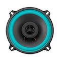 HiFi coaxial car speaker with mint green surround and black cone, front view on white background