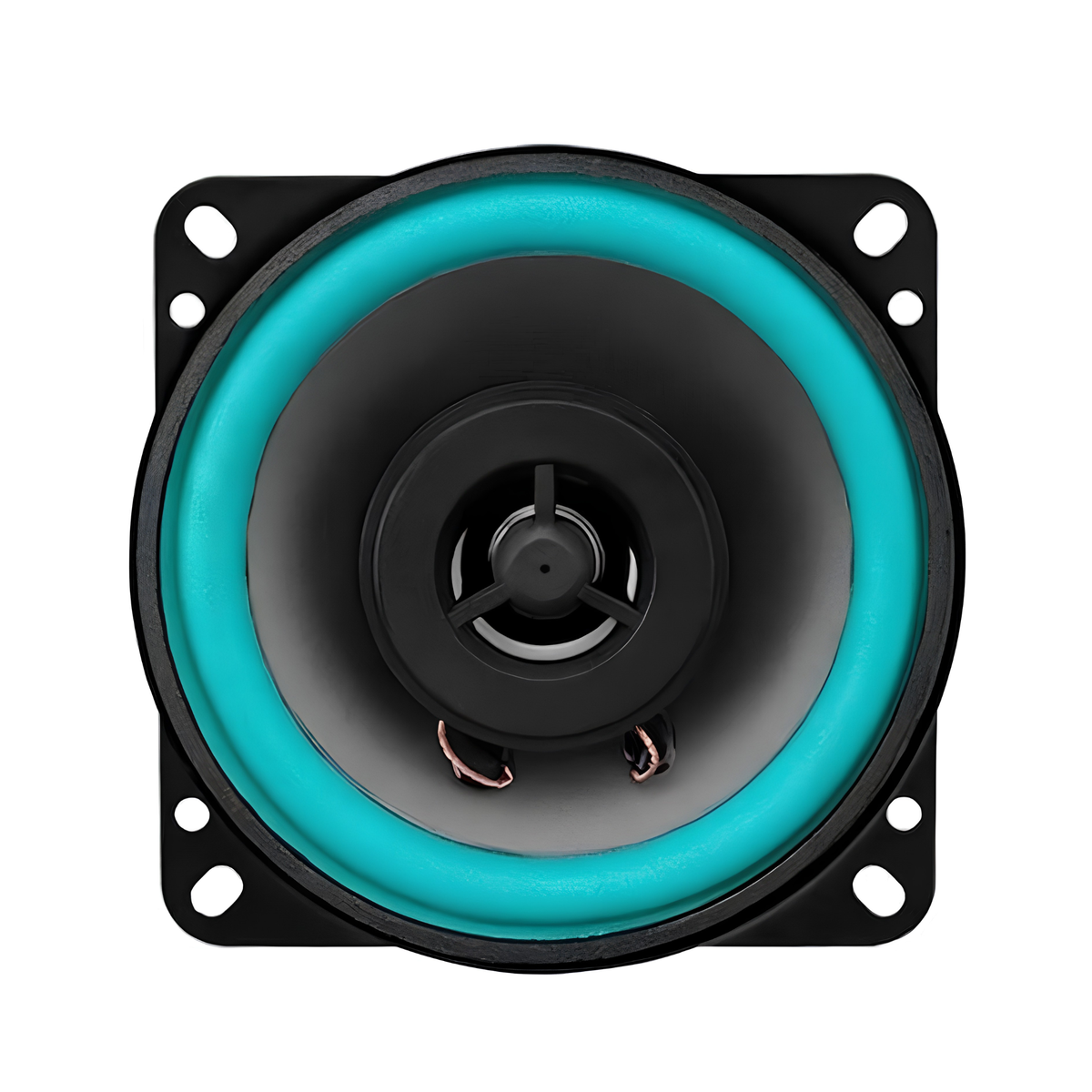 5-inch square-mount coaxial car speaker with corner mounting tabs and teal accent ring