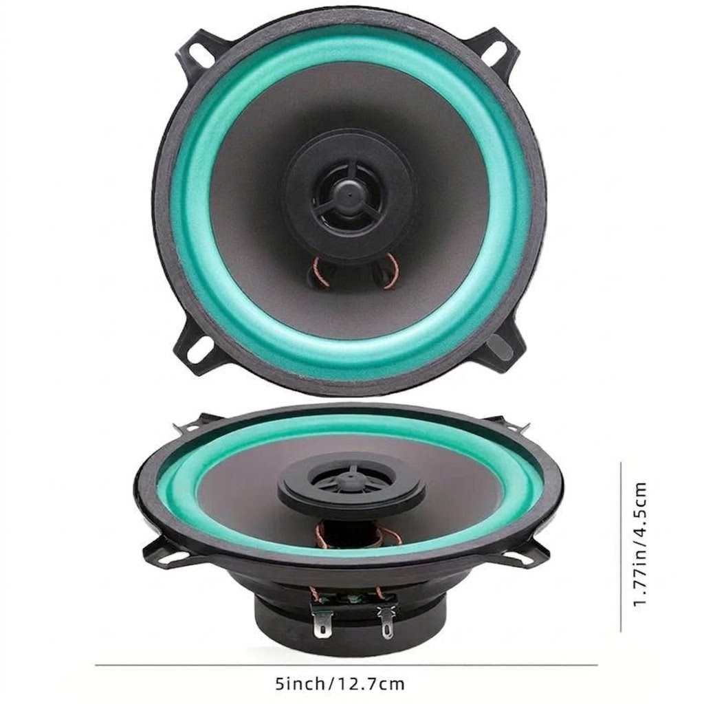 Dimension diagram of HiFi coaxial car speaker showing 5-inch/12.7cm diameter and 4.5cm mounting depth