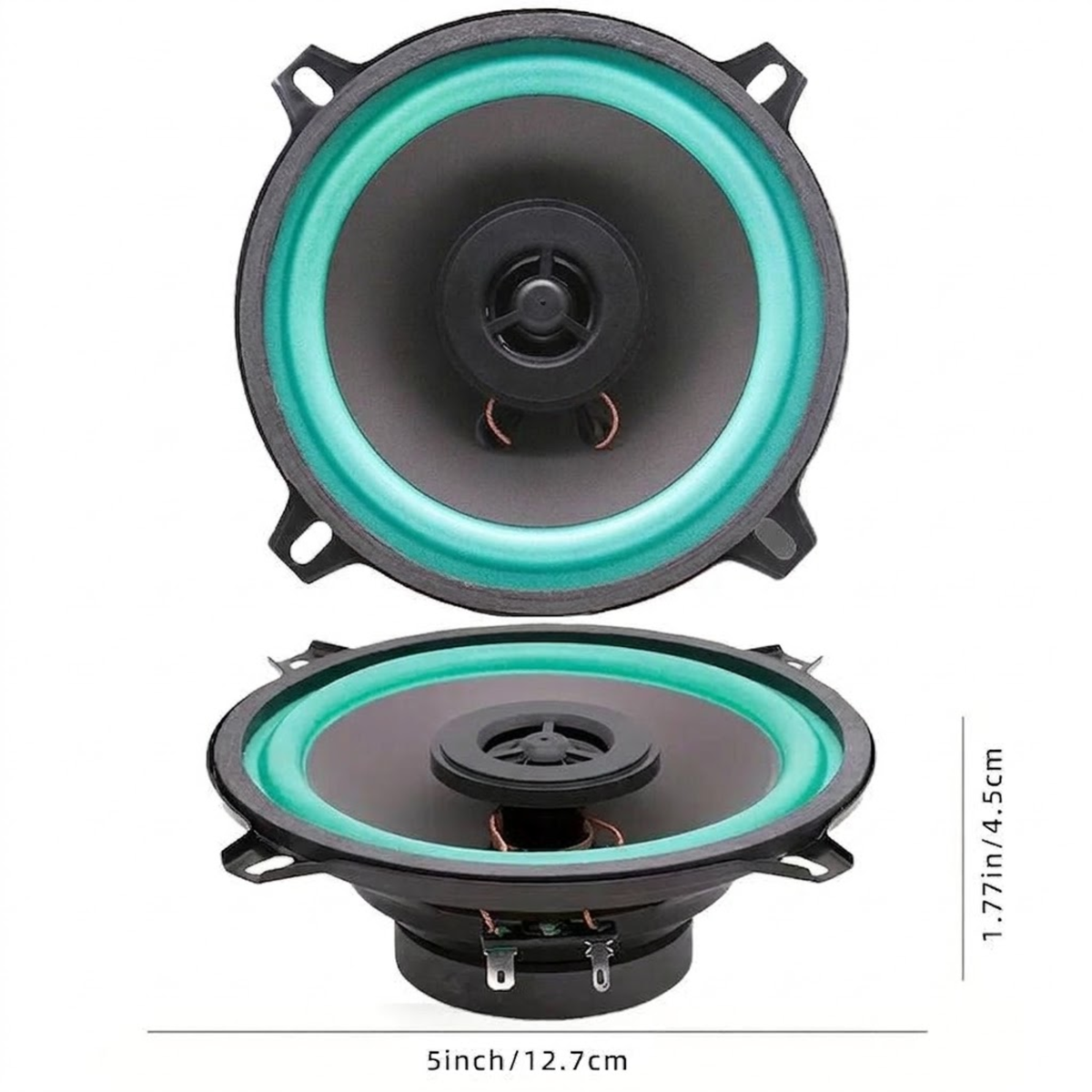 Dimension diagram of HiFi coaxial car speaker showing 5-inch/12.7cm diameter and 4.5cm mounting depth