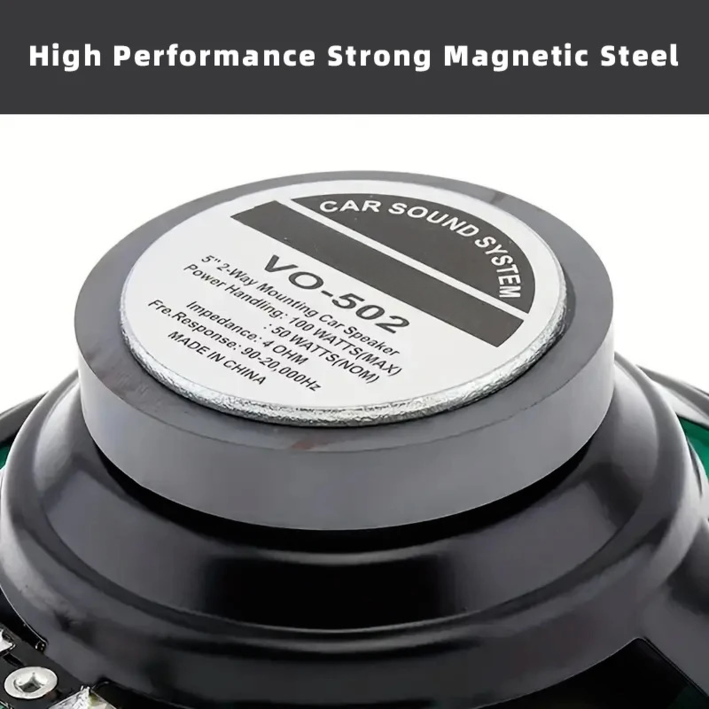 Close-up of HiFi coaxial car speaker magnet back plate labelled VO-502 with 100 watts max power handling