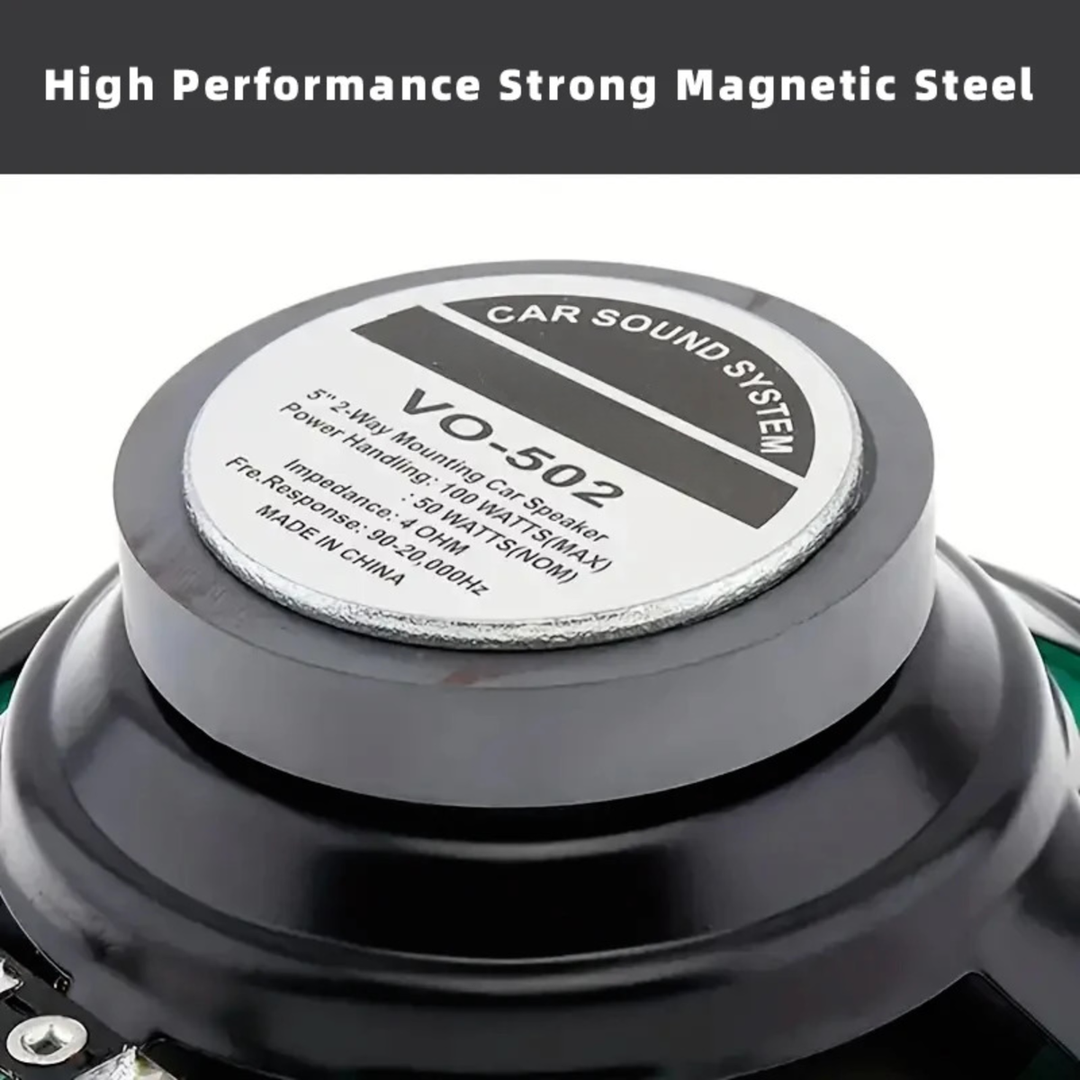 Close-up of HiFi coaxial car speaker magnet back plate labelled VO-502 with 100 watts max power handling