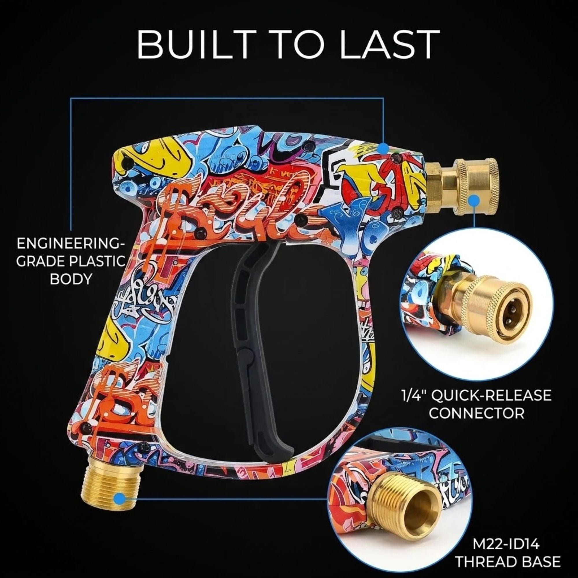 A graffiti-patterned paintball air gun with brass connectors, shown on a black background with text callouts reading 'BUILT TO LAST', 'ENGINEERING-GRADE PLASTIC BODY', '1/4" QUICK-RELEASE CONNECTOR', and 'M22-ID14 THREAD BASE'.