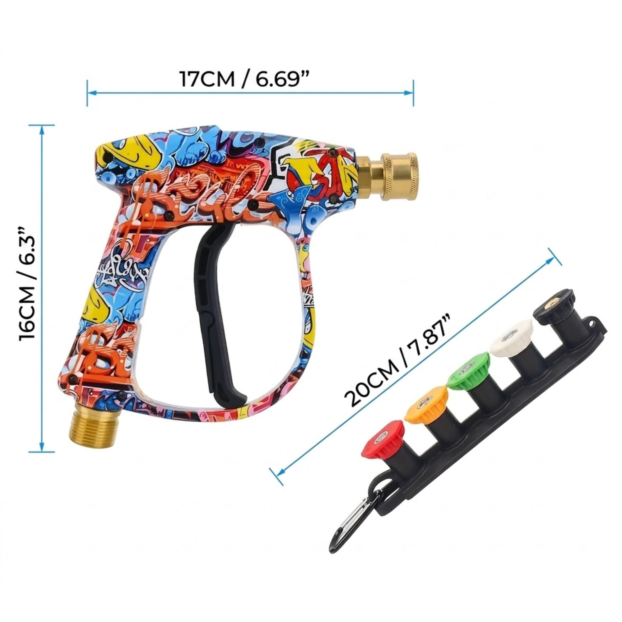 A graffiti-patterned high-pressure water spray gun with brass nozzles, shown alongside a black multi-port accessory and overlaid dimension lines indicating 17CM/6.69" width, 16CM/6.