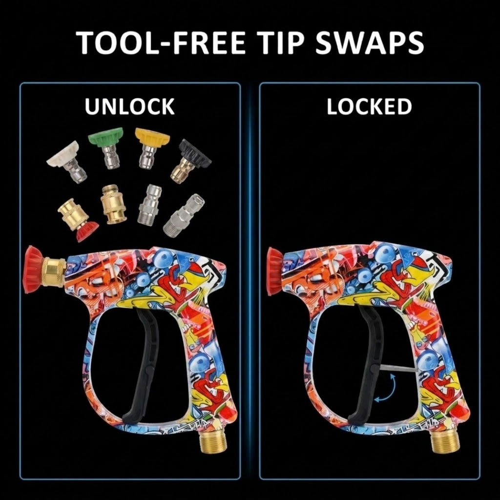 A promotional graphic for a pressure washer tip swapper tool on a black background. The top text reads 'TOOL-FREE TIP SWAPS.
