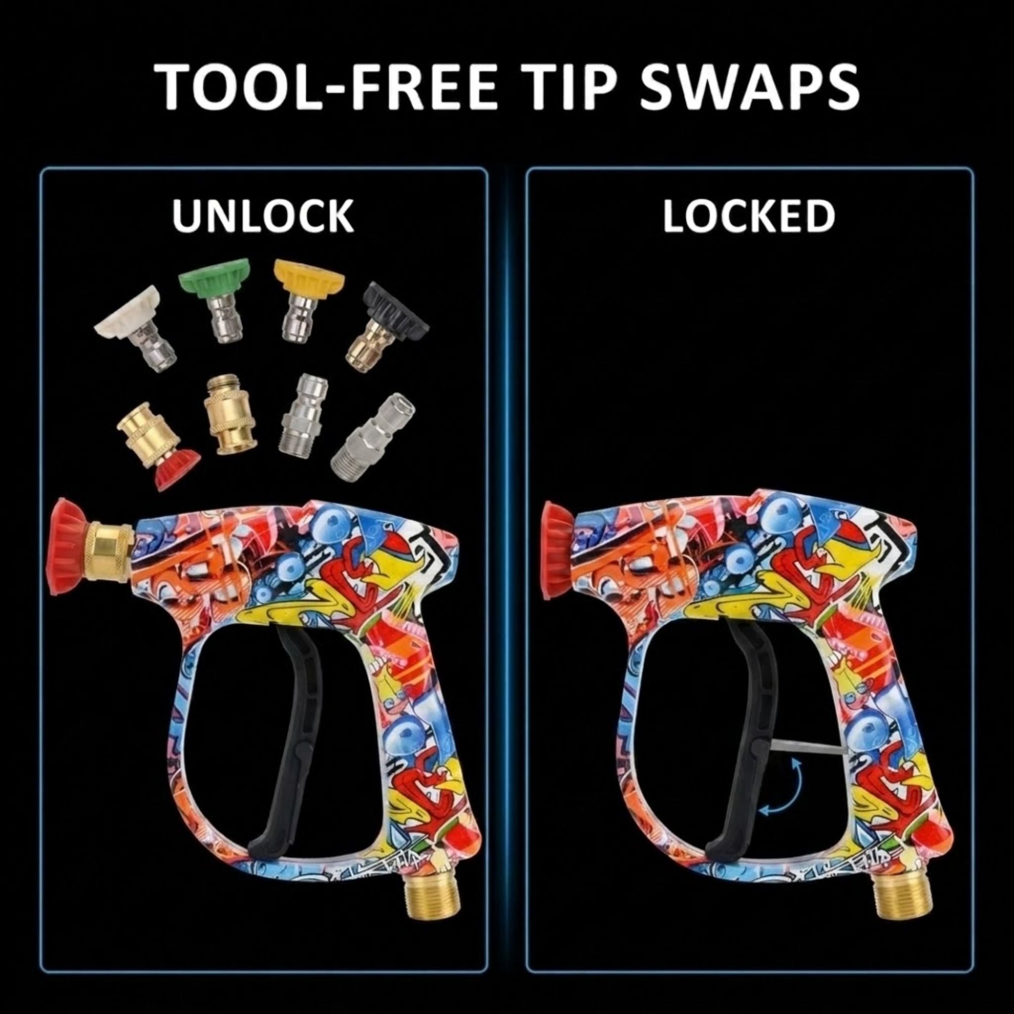 A promotional graphic for a pressure washer tip swapper tool on a black background. The top text reads 'TOOL-FREE TIP SWAPS.