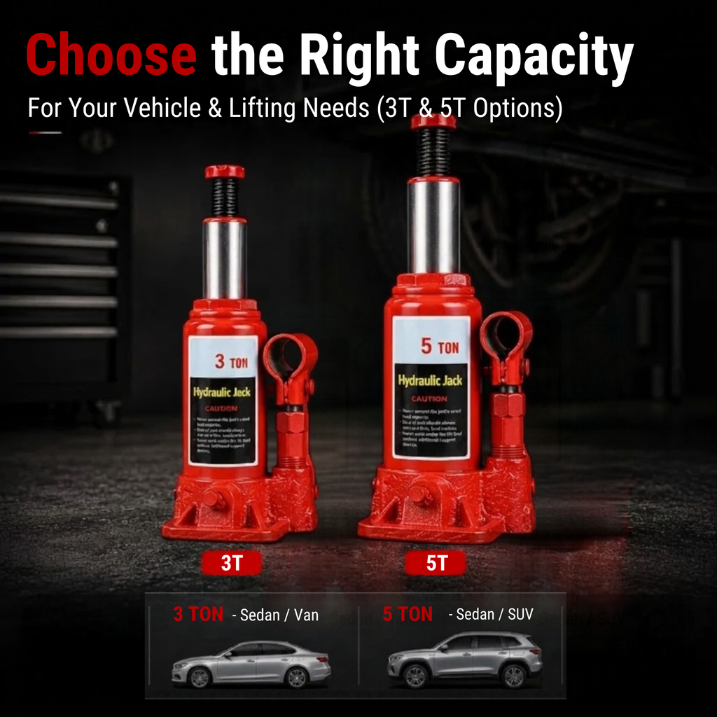 3 Tonne and 5 Tonne Hydraulic Bottle Jacks side by side in a garage, 3T suited to sedans and vans, 5T to sedans and SUVs
