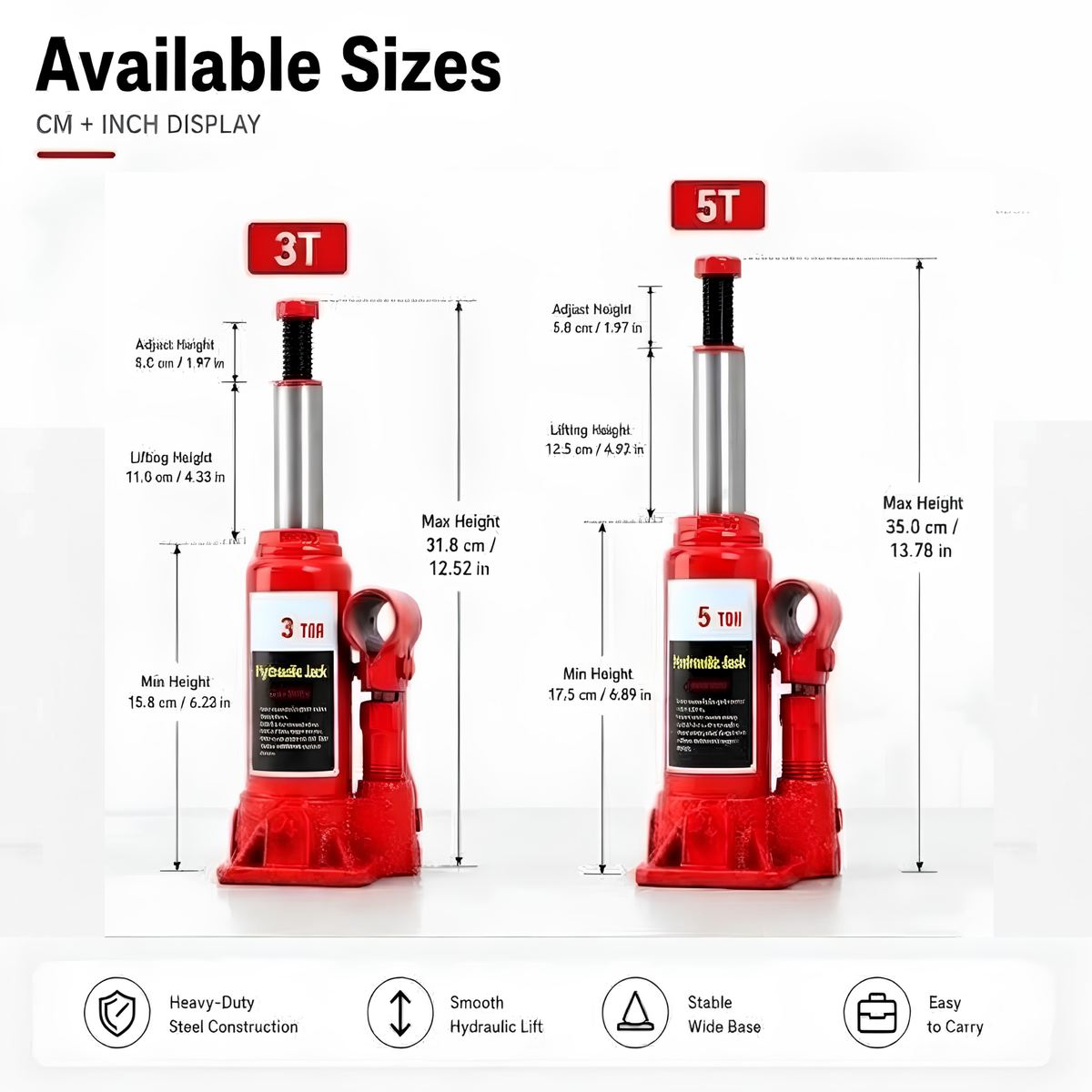 Hydraulic Bottle Jack size chart comparing 3T and 5T minimum, lifting and maximum heights in centimetres and inches