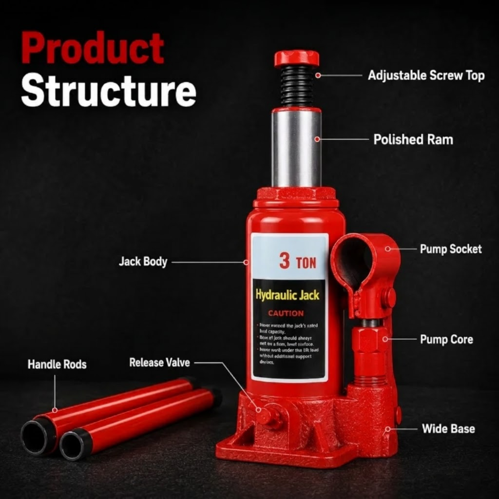 Hydraulic Bottle Jack structure diagram labelling adjustable screw top, polished ram, pump socket, pump core, release valve, wide base and handle rods