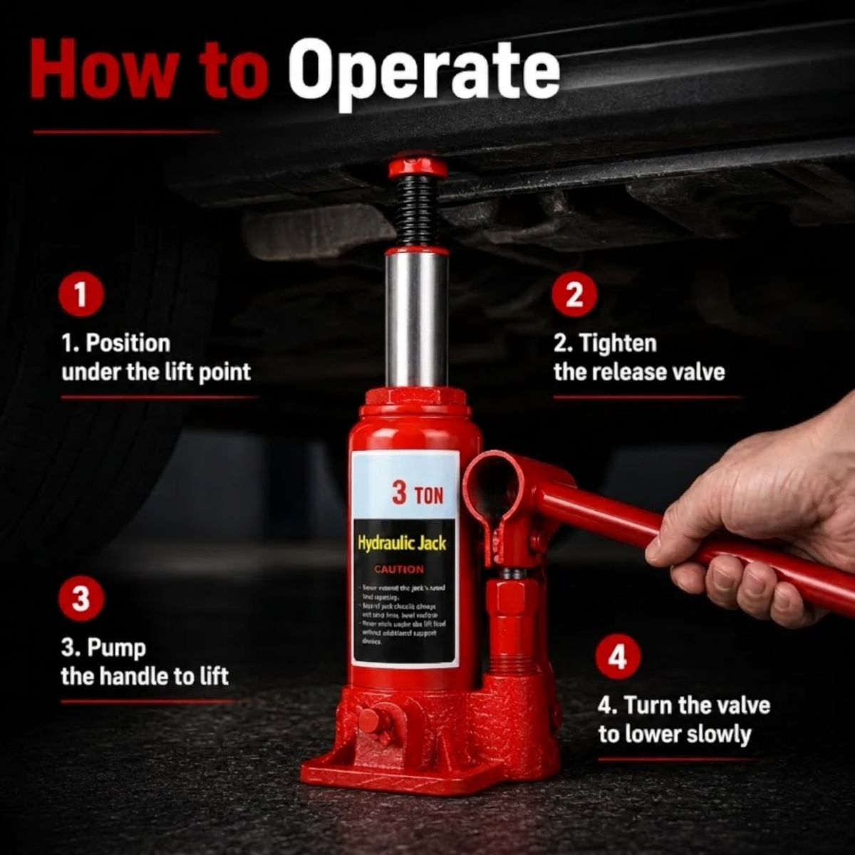 Hand pumping a 3 Tonne Hydraulic Bottle Jack under a vehicle lift point with four step operating instructions