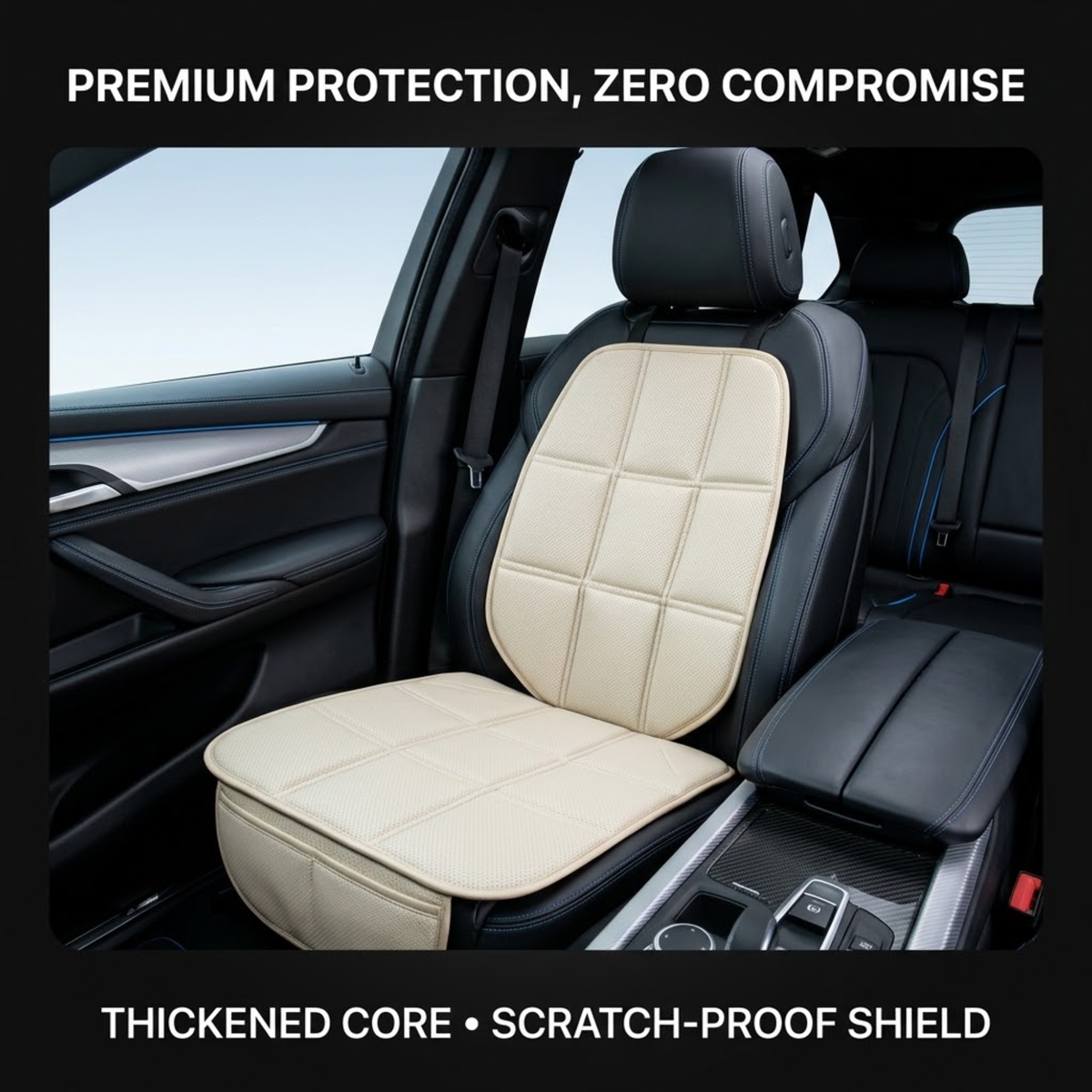 A car seat protector set shown installed on a black leather car seat, with text overlays reading 'PREMIUM PROTECTION, ZERO COMPROMISE' at the top and 'THICKENED CORE • SCRATCH-PROOF SHIELD' at the bottom.