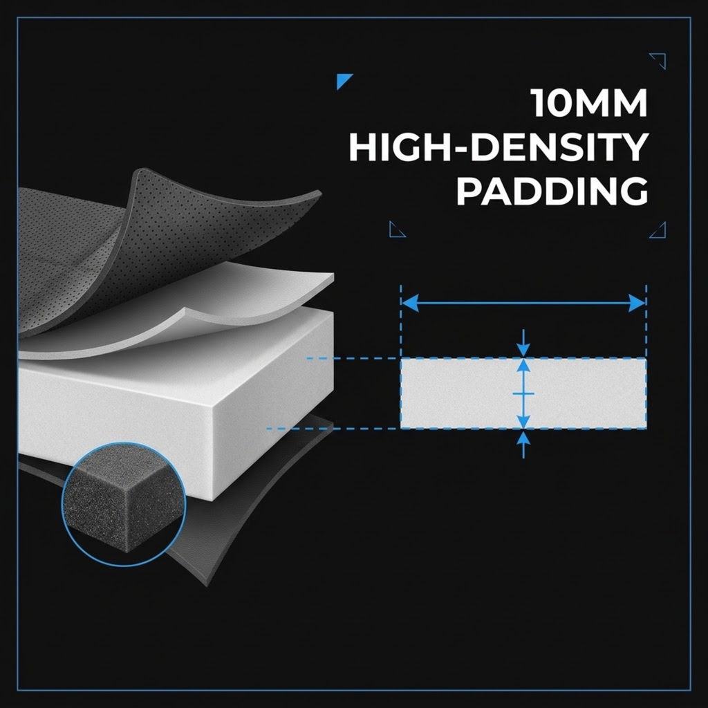 Promotional graphic for 10mm high-density padding, showing layered foam material with a close-up inset of the dense dark gray texture and a dimension diagram indicating the thickness.