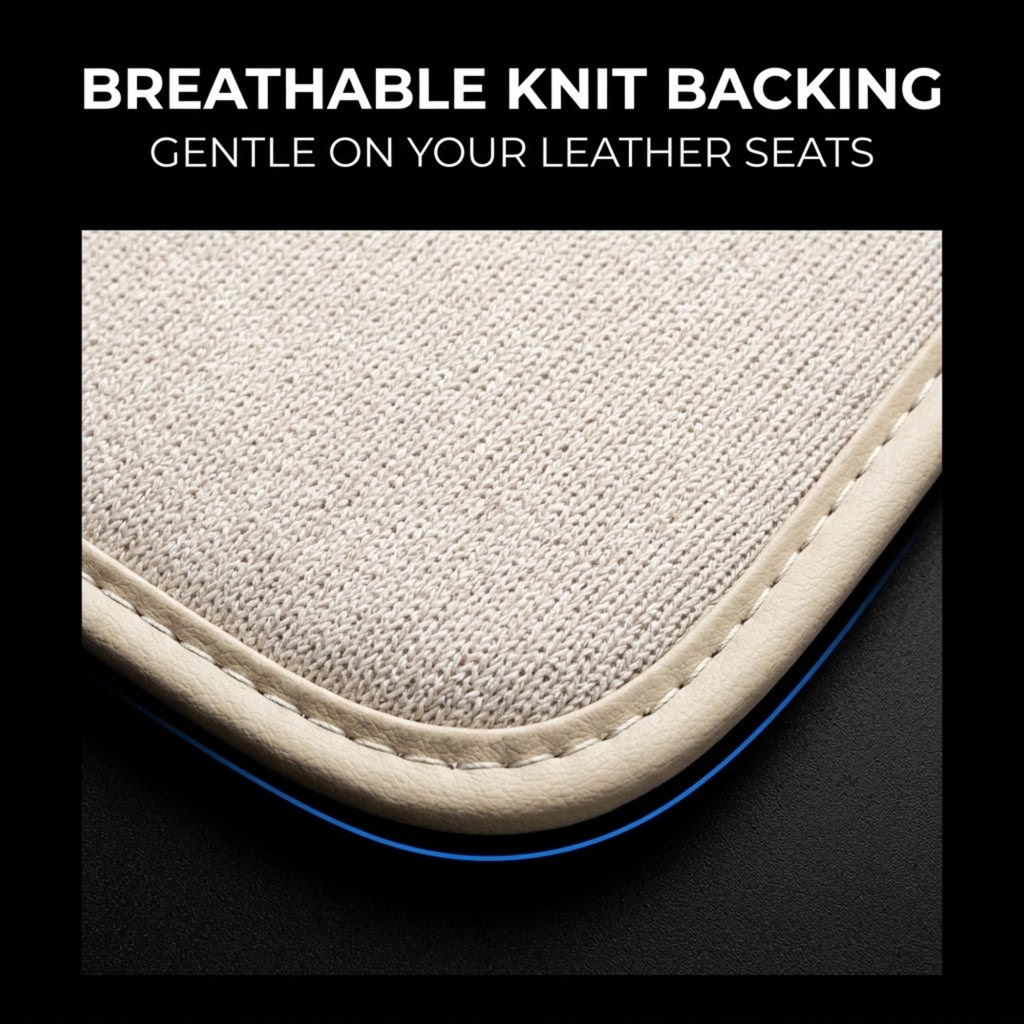 Close-up of a beige knit-textured cushion corner with a cream stitched edge, shown on a black background with the text 'BREATHABLE KNIT BACKING' and 'GENTLE ON YOUR LEATHER SEATS'.