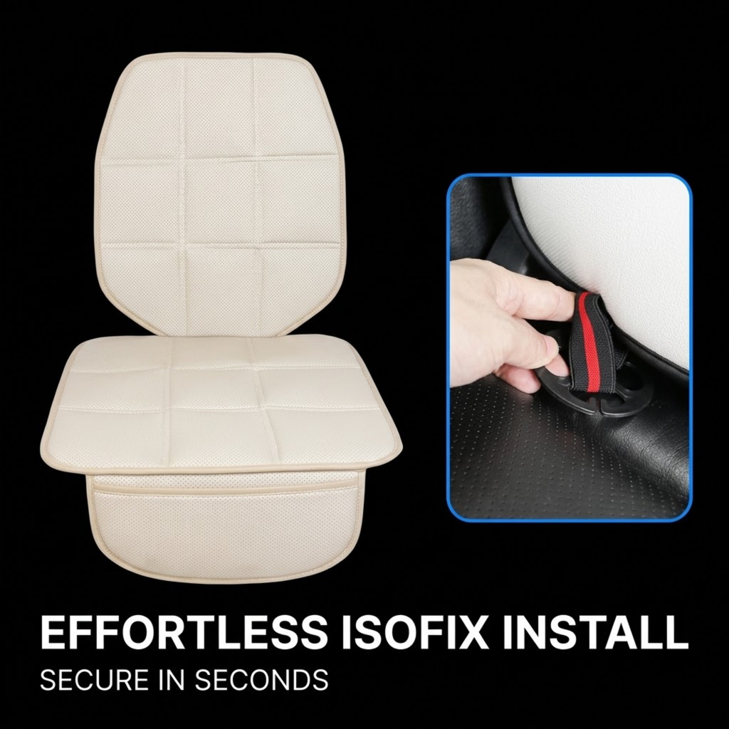 A beige padded car seat belt anchor pad shown on a black background, with a blue-bordered inset demonstrating a hand fastening the anchor into a vehicle seat belt. Text at the bottom reads 'EFFORTLESS ISOFIX INSTALL' and 'SECURE IN SECONDS'.