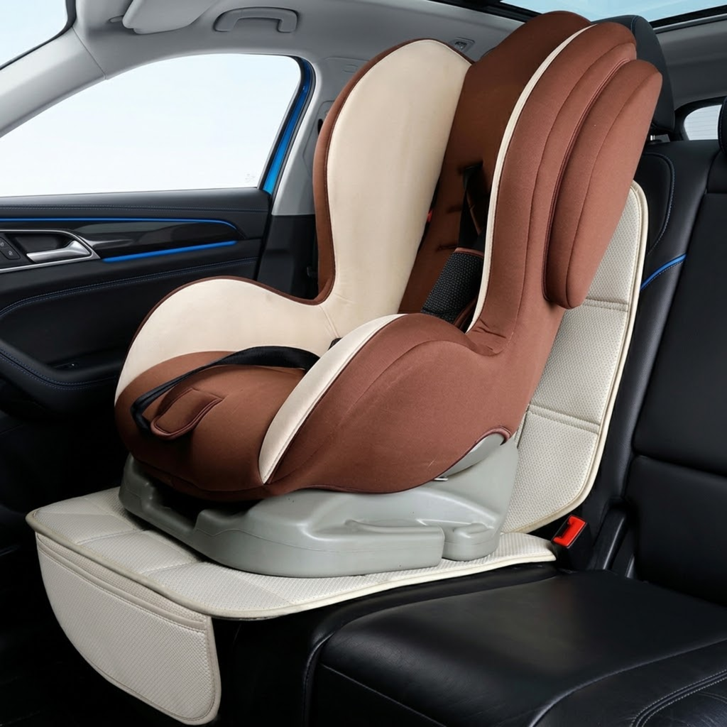 A brown and beige car seat cover installed over a child car seat inside a car cabin.