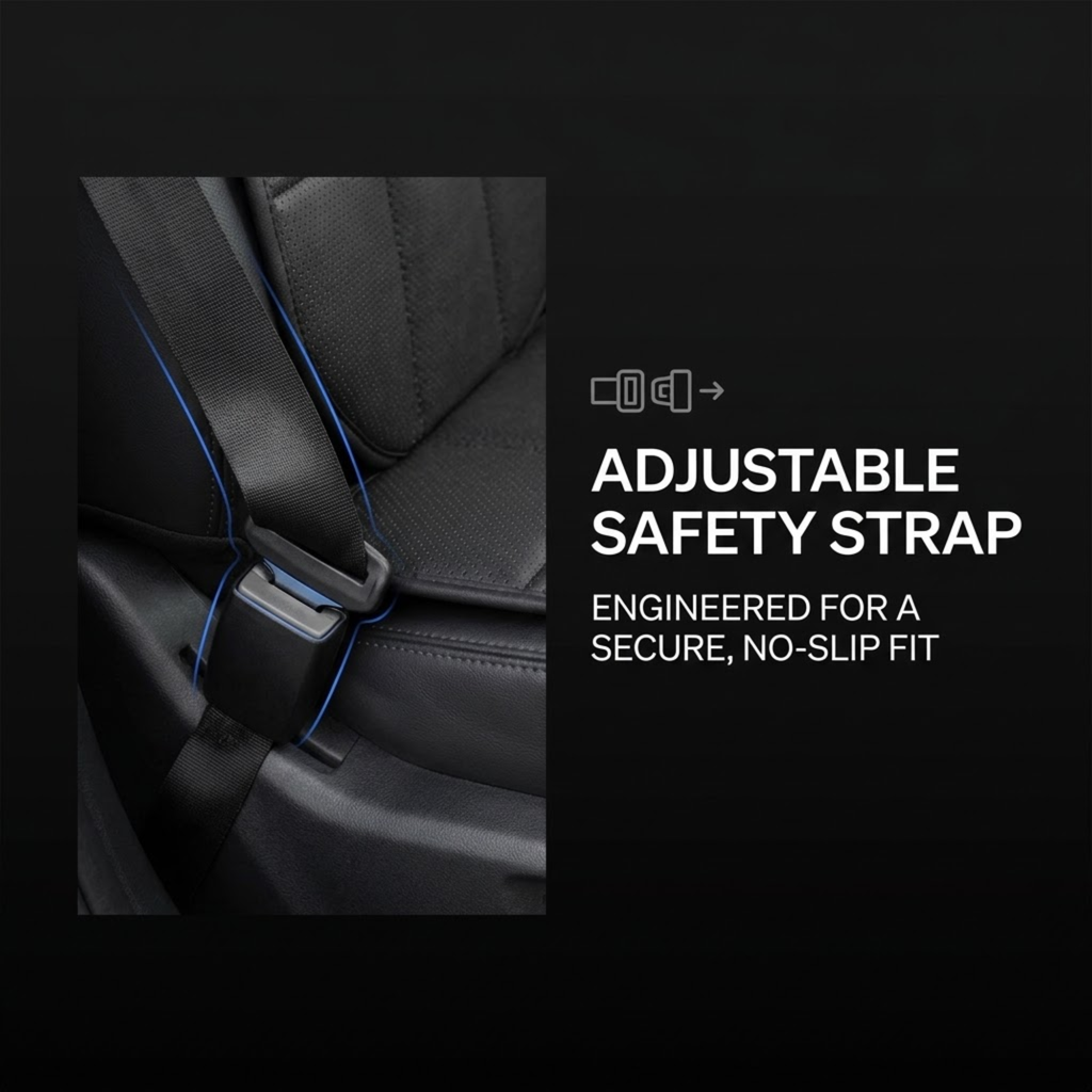 Close-up of a black car seat safety strap with blue contrast stitching and a black buckle, shown next to white text reading 'ADJUSTABLE SAFETY STRAP' and 'ENGINEERED FOR A SECURE, NO-SLIP FIT' on a black background.