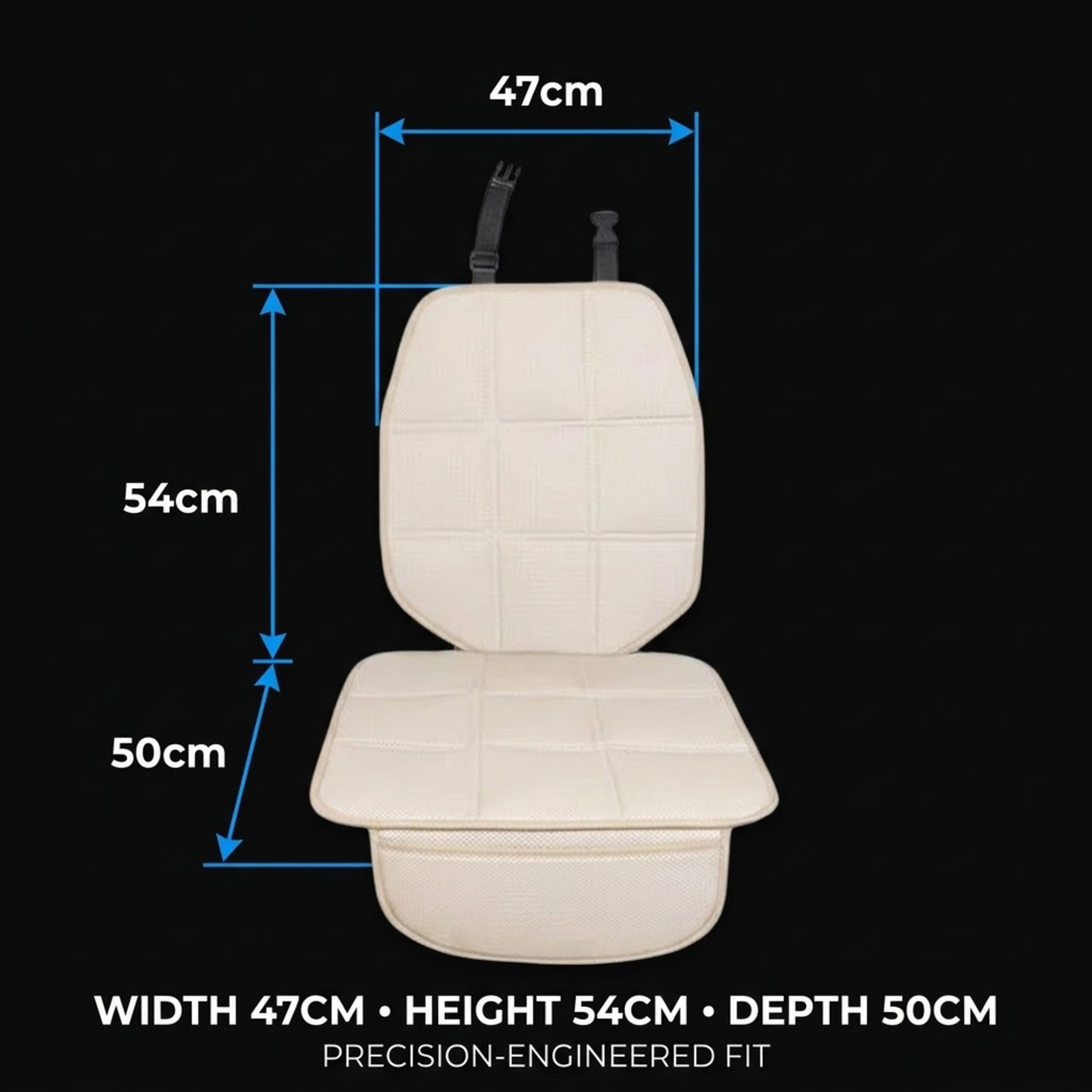 An off-white quilted car seat cushion shown on a black background with blue dimension lines and text indicating measurements of 47cm width, 54cm height, and 50cm depth.
