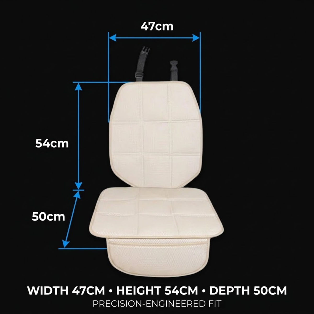 An off-white quilted car seat cushion shown on a black background with blue dimension lines and text indicating measurements of 47cm width, 54cm height, and 50cm depth.