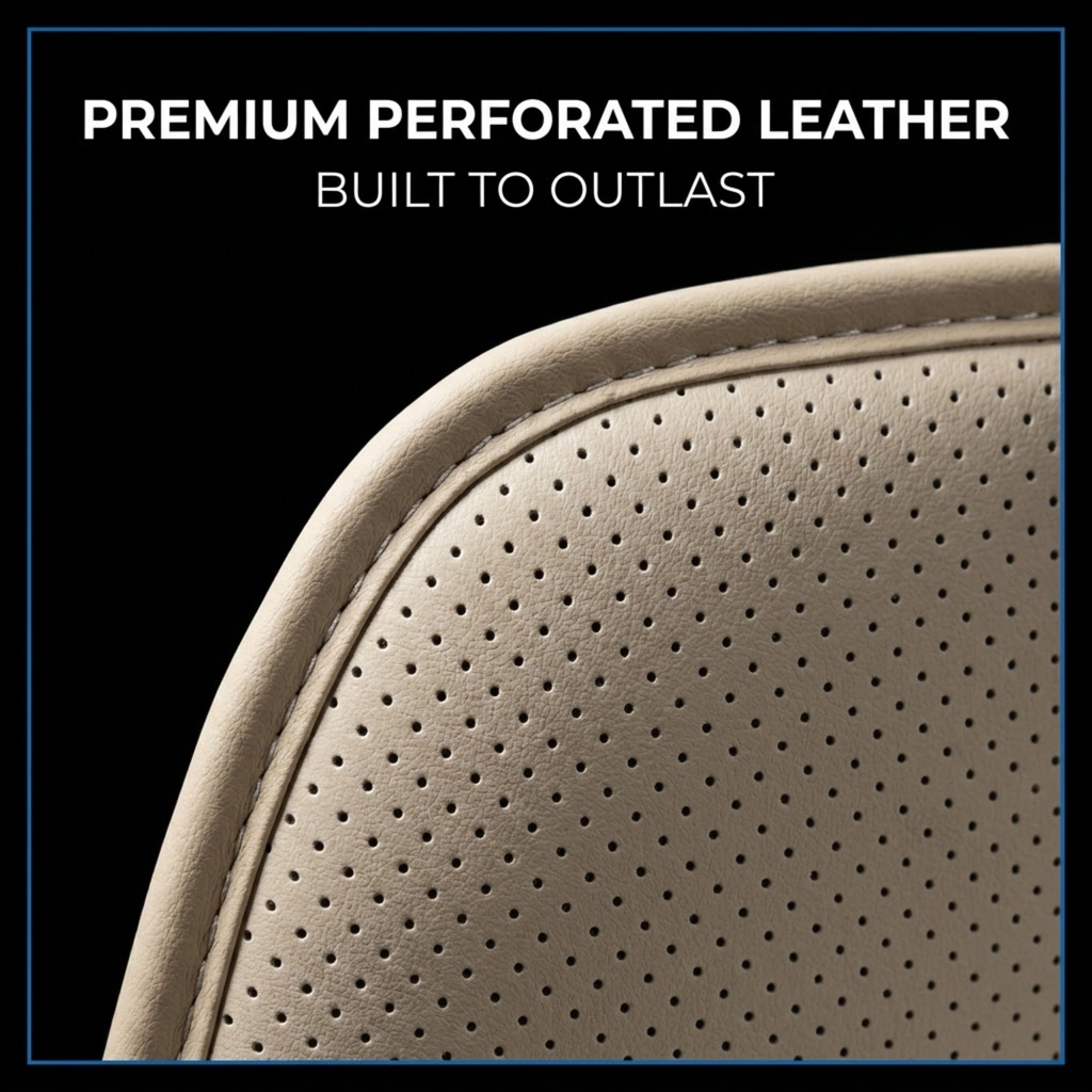 Close-up of a beige perforated leather chair or seat corner with the text 'PREMIUM PERFORATED LEATHER' and 'BUILT TO OUTLAST' on a black background.