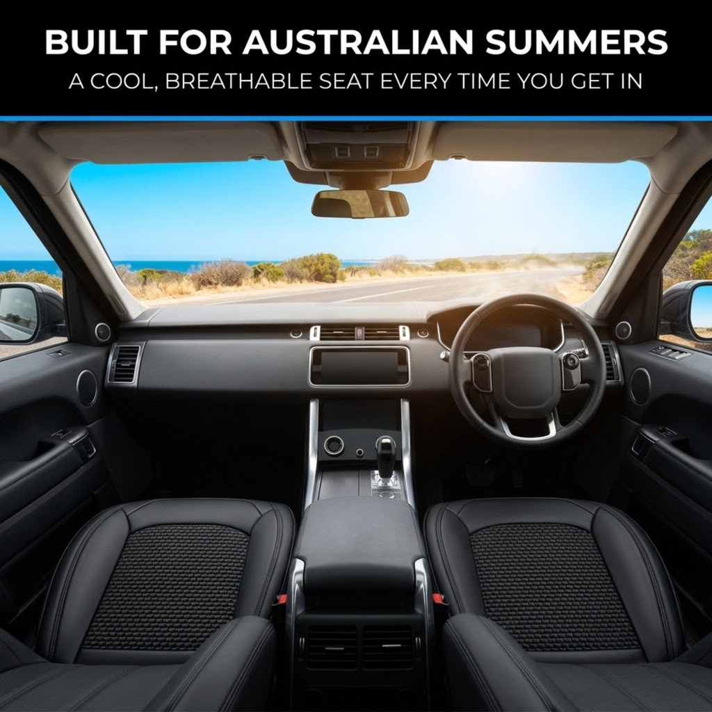 Black Ice Silk Seat Covers fitted to both front seats of a car with a coastal road visible through the windscreen