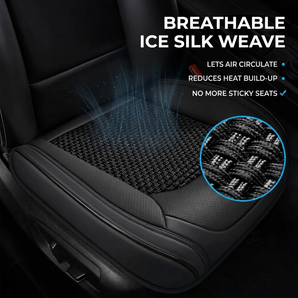Close-up of the Ice Silk Seat Cover breathable woven cooling mesh letting air circulate on a car seat