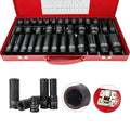 35-piece Impact Socket Set of CR-MO sockets in a red carry case, with close-ups of the hex drive, deep sockets, and case latch