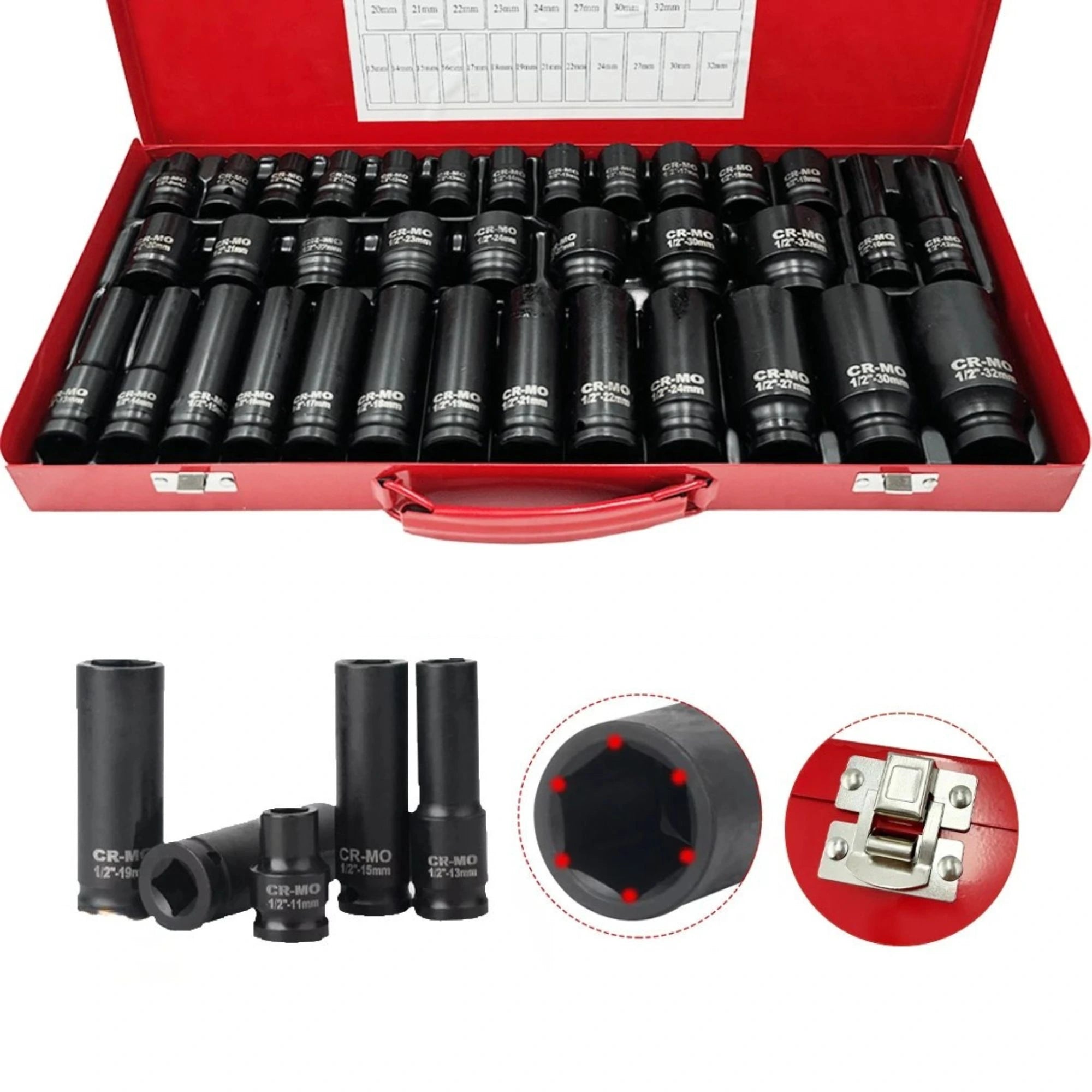 35-piece Impact Socket Set of CR-MO sockets in a red carry case, with close-ups of the hex drive, deep sockets, and case latch