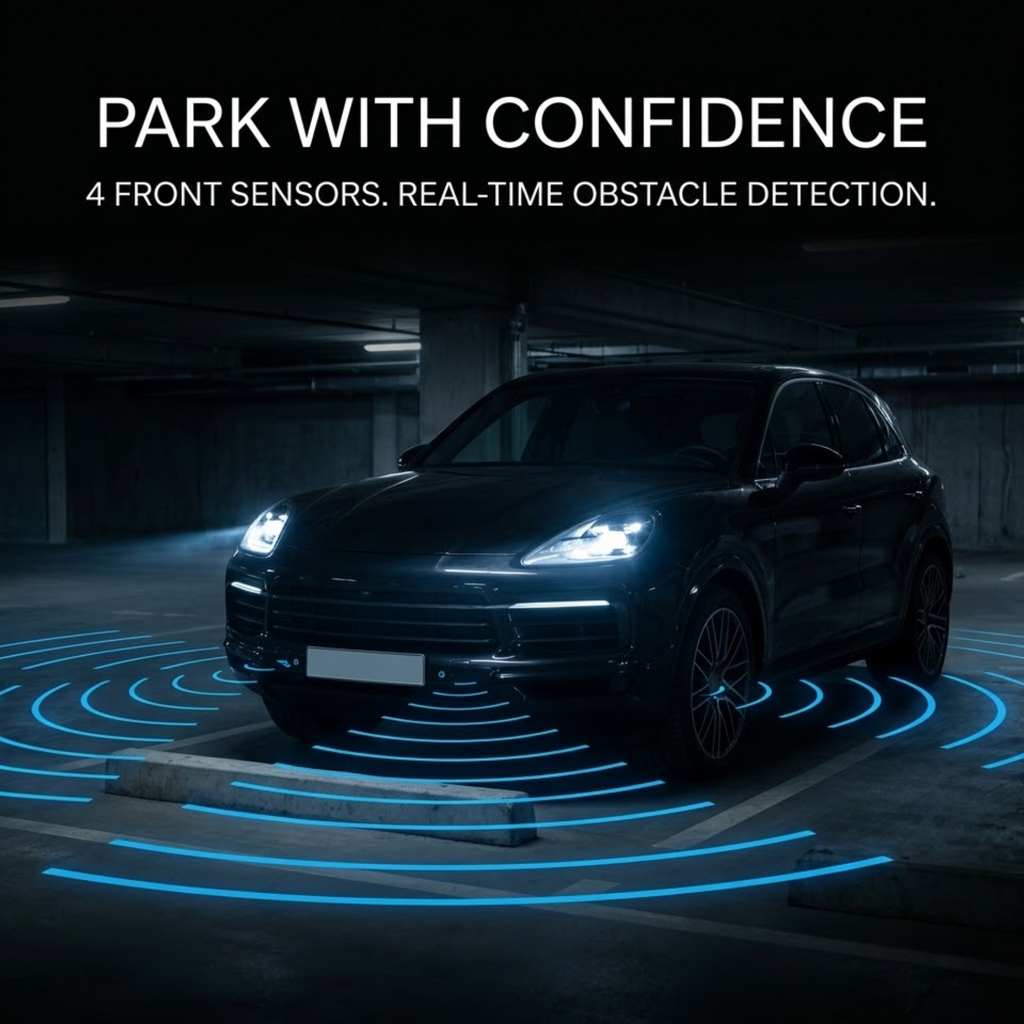 A dark SUV parked in a dim parking garage with glowing blue sensor rings on the ground and text reading 'PARK WITH CONFIDENCE' and '4 FRONT SENSORS. REAL-TIME OBSTACLE DETECTION.