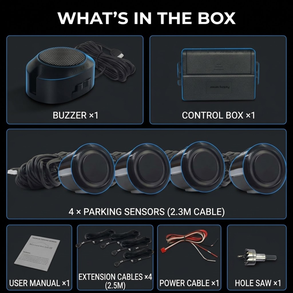 A product bundle infographic titled 'WHAT'S IN THE BOX' on a black background, showing included items: a round black buzzer with cable, a black control box, four parking sensors with 2.3m cables, a user manual, extension cables, a power cable, and a hole saw.