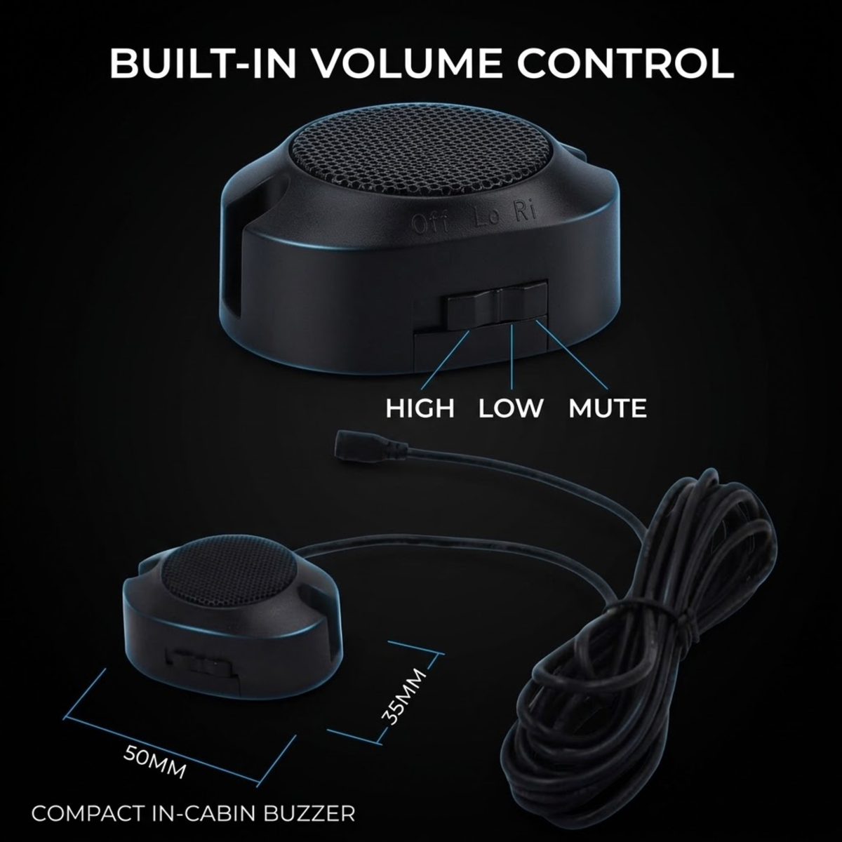 Black in-car volume control speaker with attached cable, shown on a dark background with labeled features including built-in volume control, high/low/mute settings, and dimensions 50mm by 35mm.