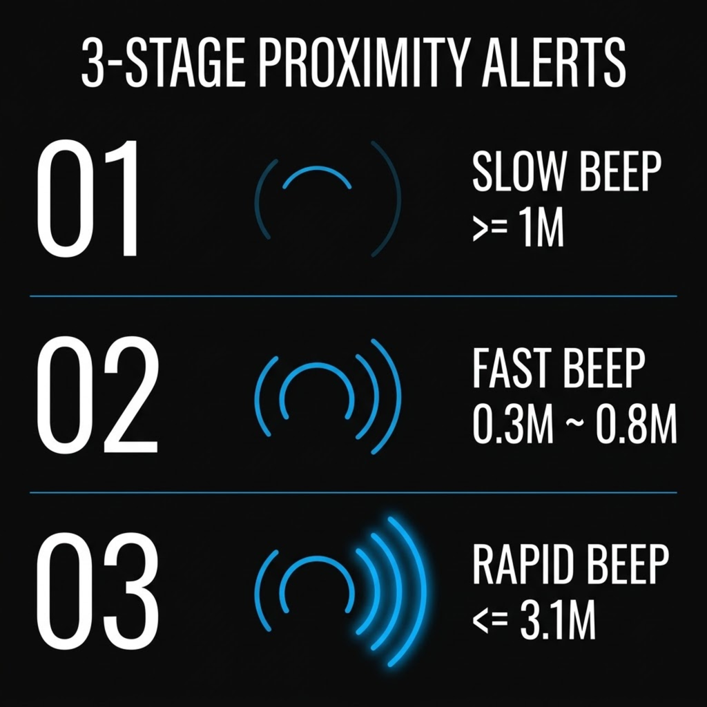 An informational graphic on a black background titled '3-STAGE PROXIMITY ALERTS' showing three warning beep stages: 01 Slow Bleep >= 1M, 02 Fast Bleep 0.3M ~ 0.