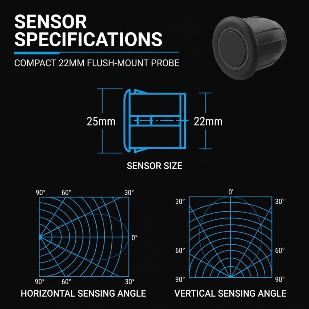 Sensor specifications graphic for a compact 22mm flush-mount probe, showing a product rendering, dimension diagram labeled 25mm by 22mm, and blue sensing-angle charts on a black background.