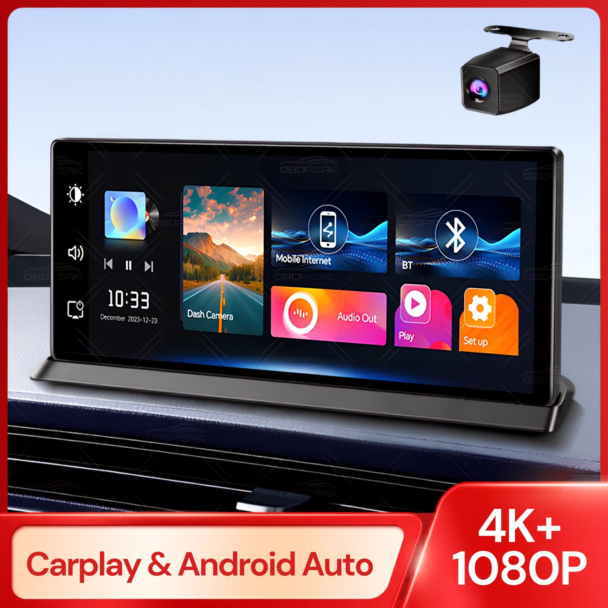 Pro CarPlay Dash Cam 11.3-inch touchscreen mounted on a car dashboard, highlighting 4K front and 1080P rear recording with wireless CarPlay and Android Auto support