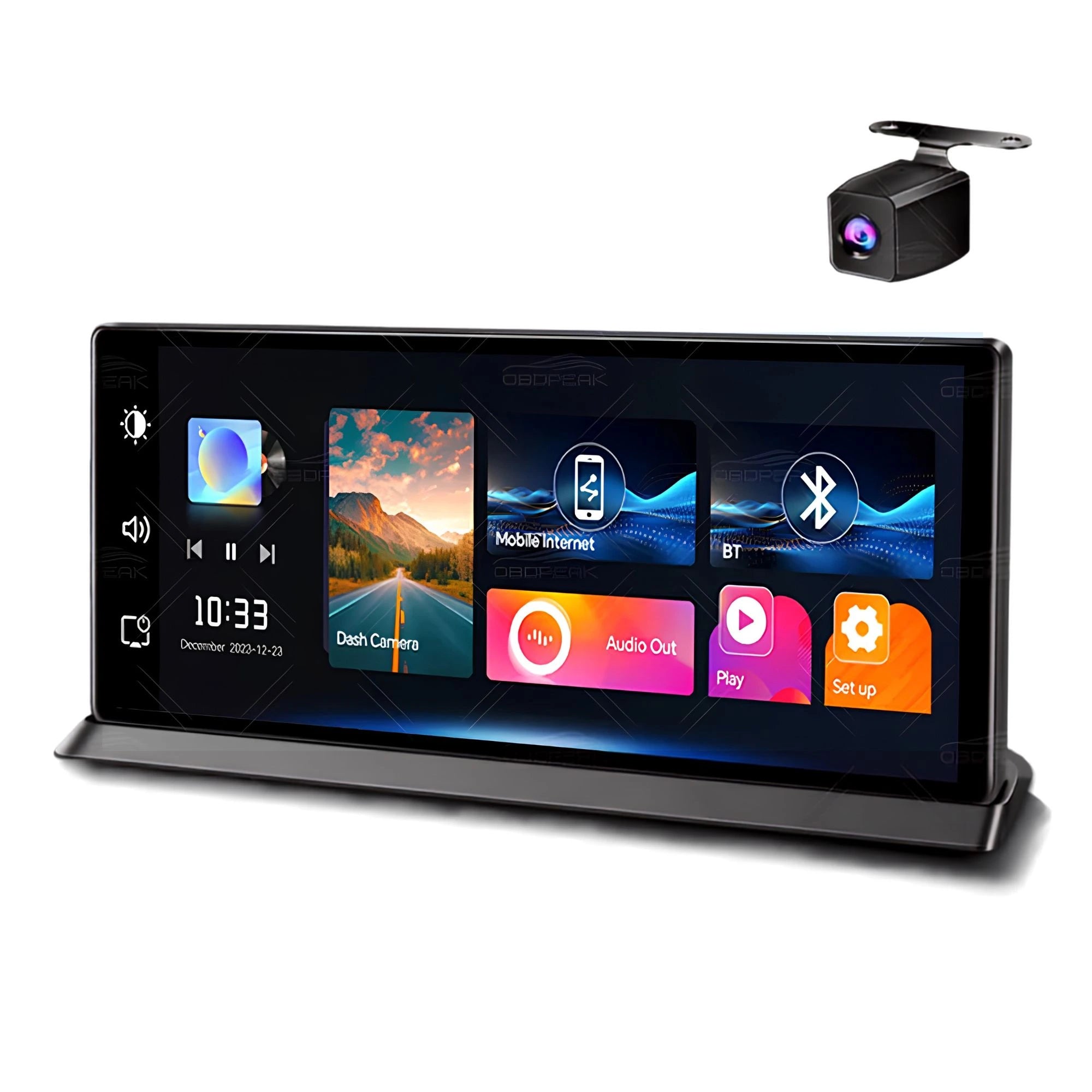 Pro CarPlay Dash Cam 11.3-inch AI touchscreen display unit shown at an angle with its matching rear reversing camera, on a plain white background