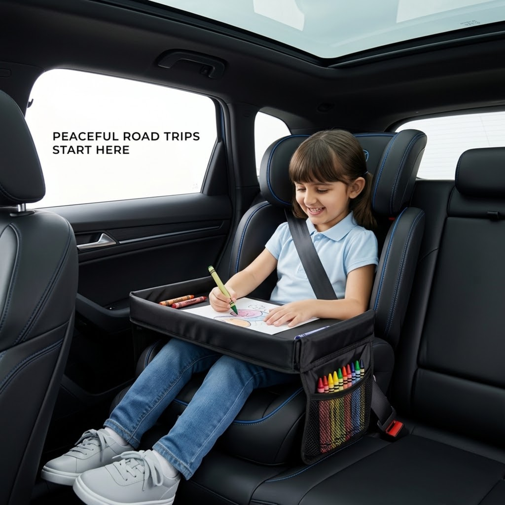Young girl drawing with crayons on a black Kids Car Seat Tray fitted to her booster seat in a car back seat